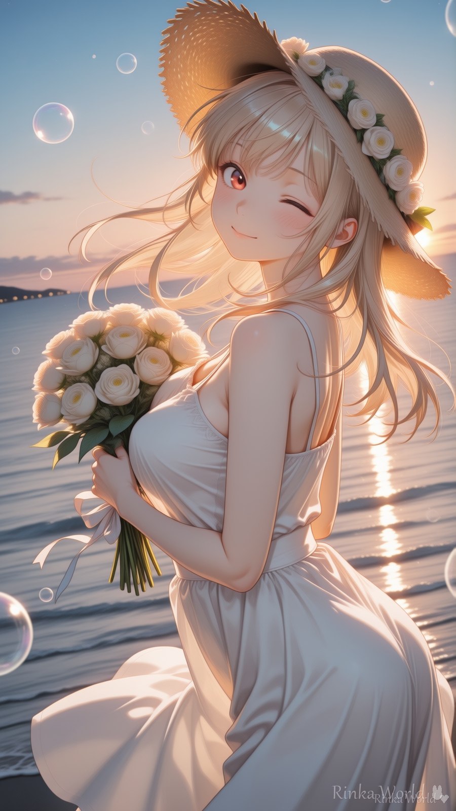 夕焼けの海辺、白いバラの花束もらったの🌹