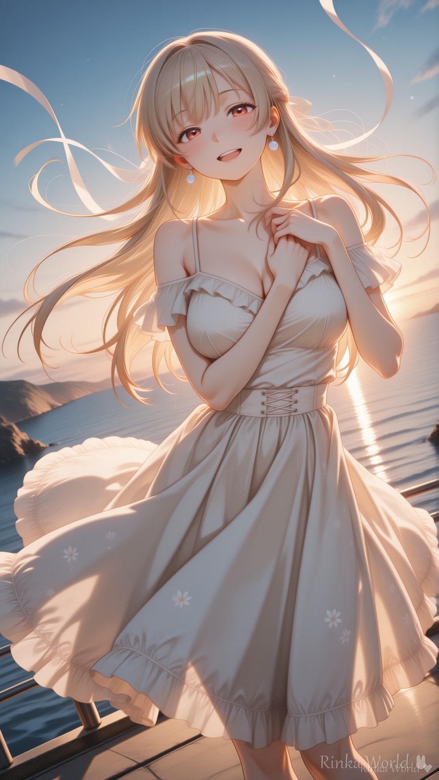 夕焼けの海辺、風がドレスをさらってく🌅