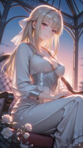 anime girl in vintage white dress sitting in a glass conservatory with roses at dusk, dreamy anime art wallpaper