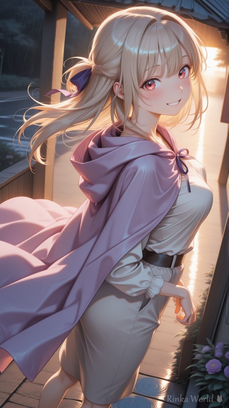 anime girl in pink hooded cape on ryokan veranda, hydrangea and lantern light, rainy evening aesthetic anime art