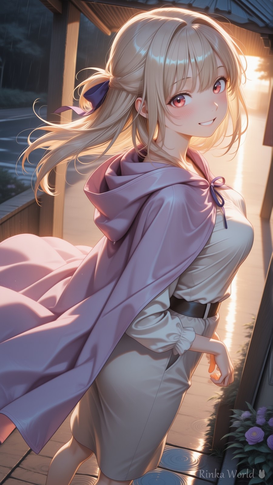 anime girl in pink hooded cape on ryokan veranda, hydrangea and lantern light, rainy evening aesthetic anime art