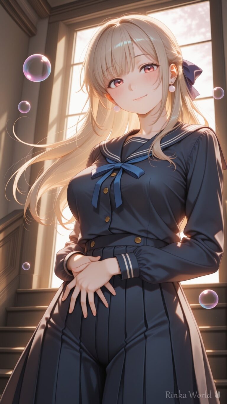 anime girl in navy sailor uniform smiling on a sunlit staircase with floating bubbles, soft aesthetic illustration