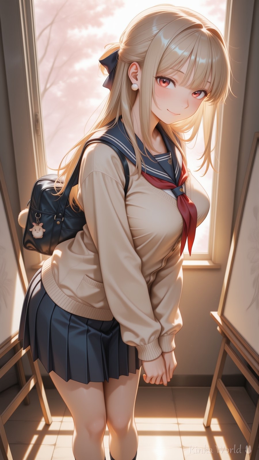 anime girl in sailor uniform looking back in a sunlit school hallway with cherry blossoms outside, aesthetic anime wallpaper