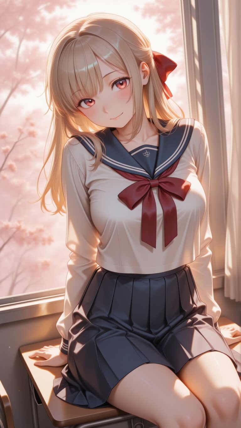 anime girl in a sailor uniform by a cherry blossom window, soft pink lighting, dreamy aesthetic anime art