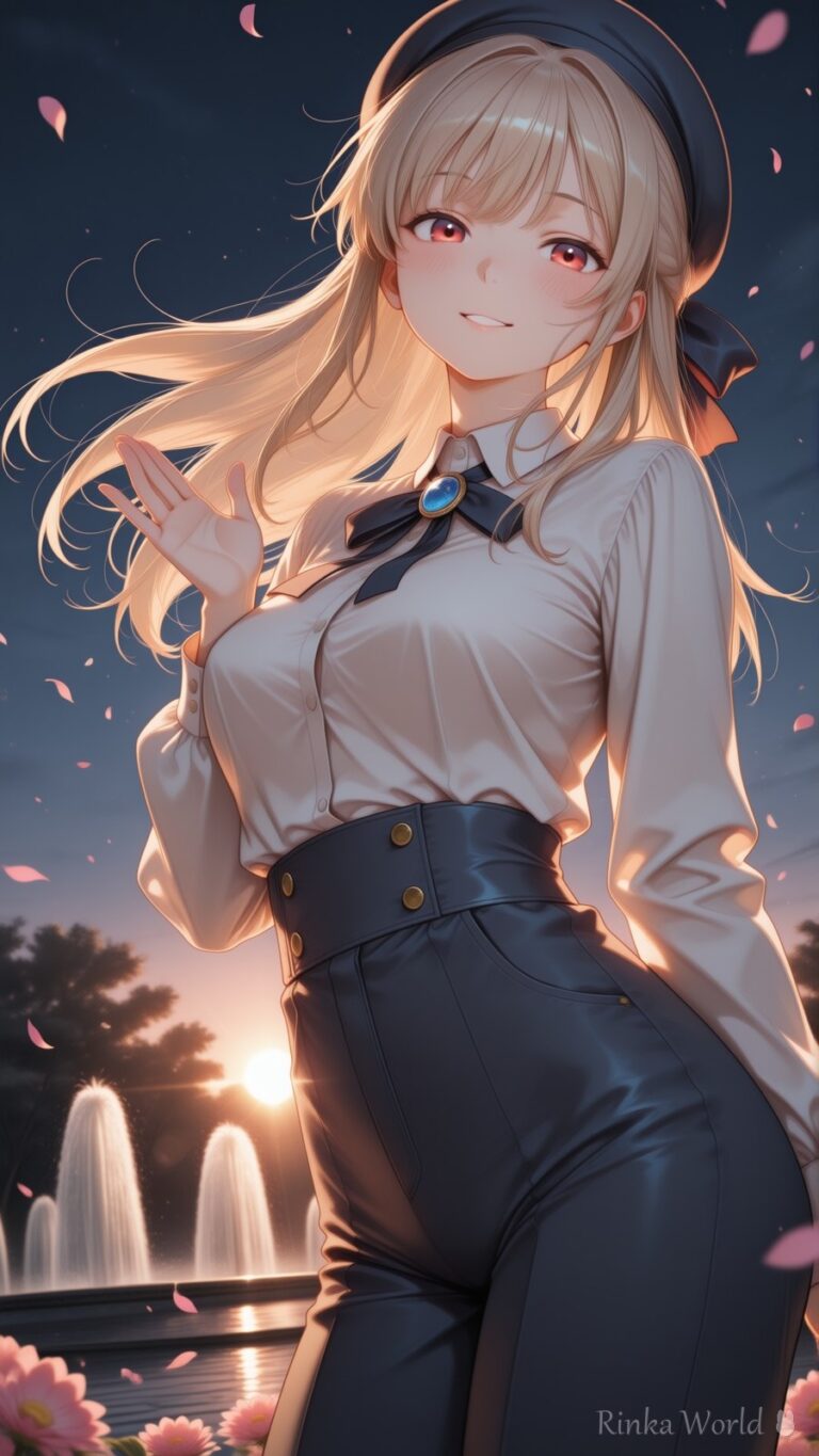 anime girl in beret and blouse by a fountain, cherry blossom petals, golden hour lighting, aesthetic illustration