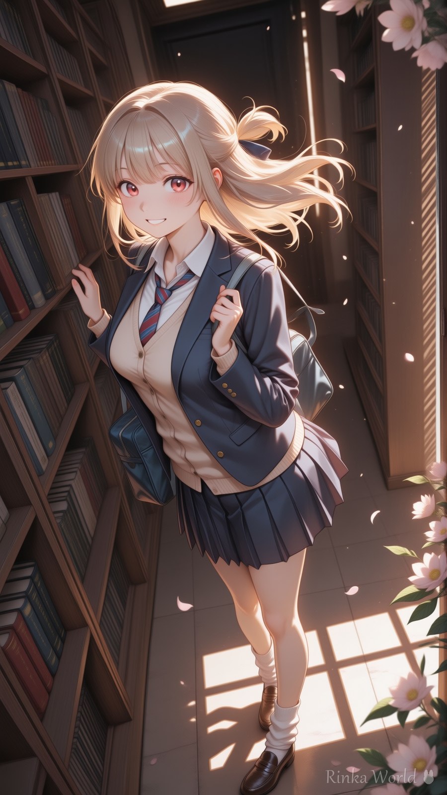 桜舞う図書室で振り返るブレザー制服のAIイラスト|Library Sakura School Uniform Anime Art