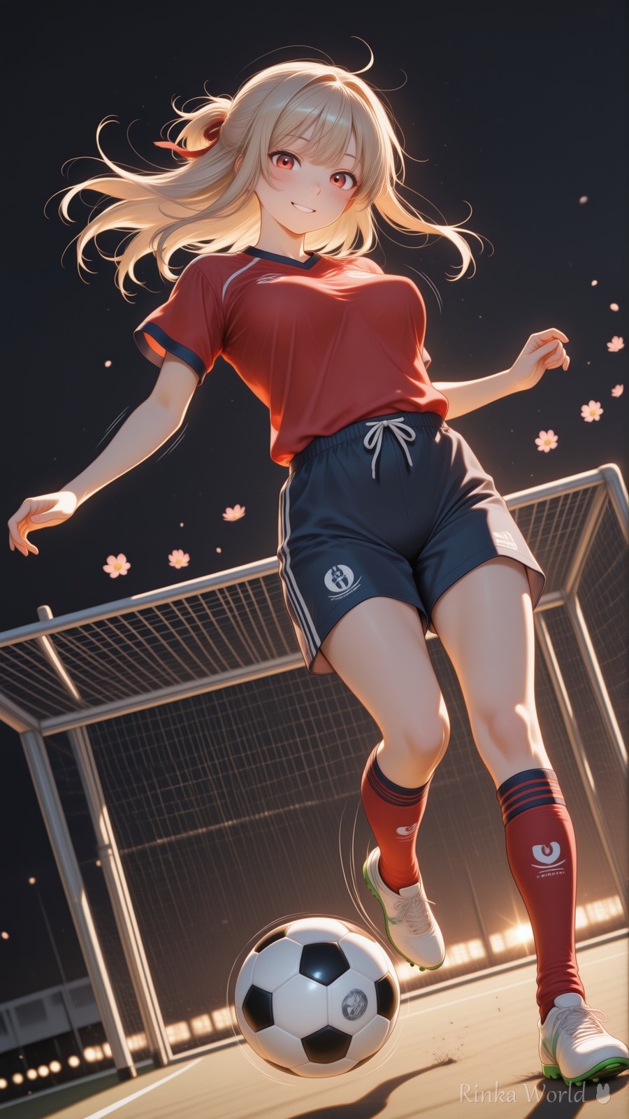 anime girl in red soccer jersey dribbling a ball at night, glowing light particles, dynamic sports anime illustration