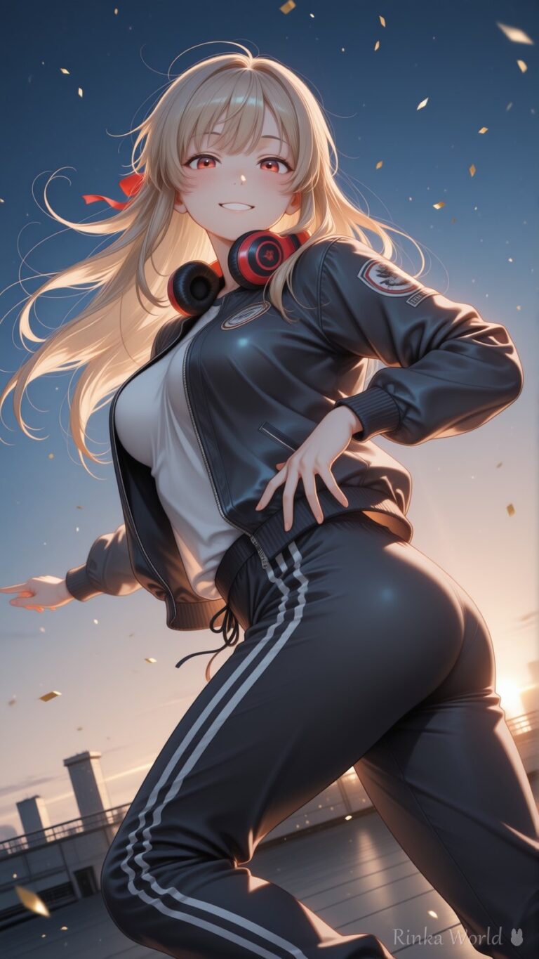 anime girl in black tracksuit posing on a sunset rooftop, blonde hair in the wind, headphones, golden hour anime art wallpaper