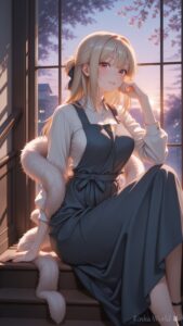 anime girl in navy pinafore dress sitting by a staircase window with cherry blossoms and sunset light, aesthetic anime art