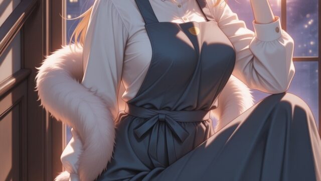 夕桜がのぞく階段の窓辺と紺ジャンパースカートのAIイラスト｜Sunset Staircase Sakura Anime Art
