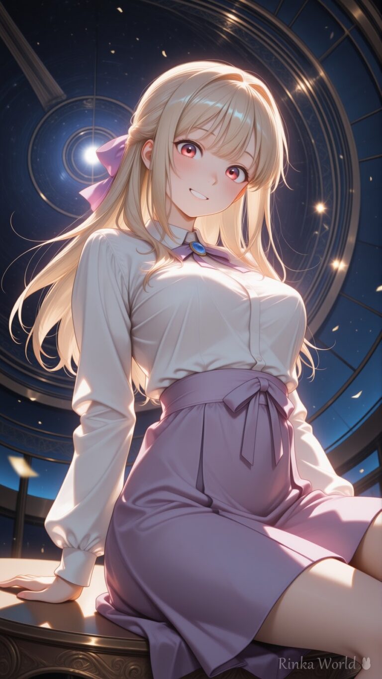 cute anime girl sitting under a starlit observatory dome, glowing celestial rings, dreamy anime wallpaper aesthetic