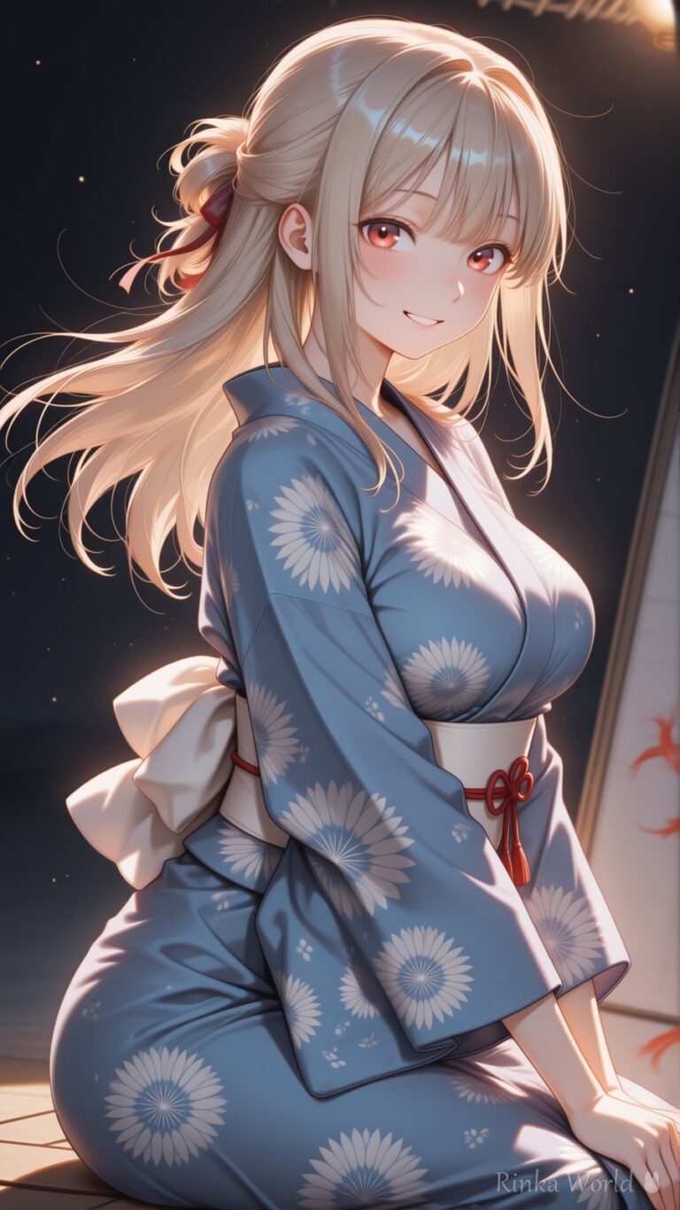 cute anime girl in a blue floral yukata sitting under a starry night sky, soft moonlight, dreamy anime illustration