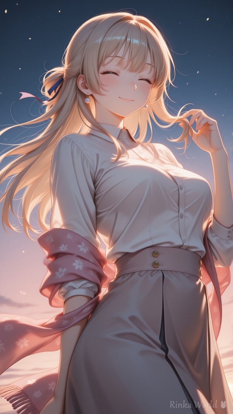 cute anime girl long blonde hair smiling under starry twilight sky, pink floral shawl blowing in wind, dreamy aesthetic illustration