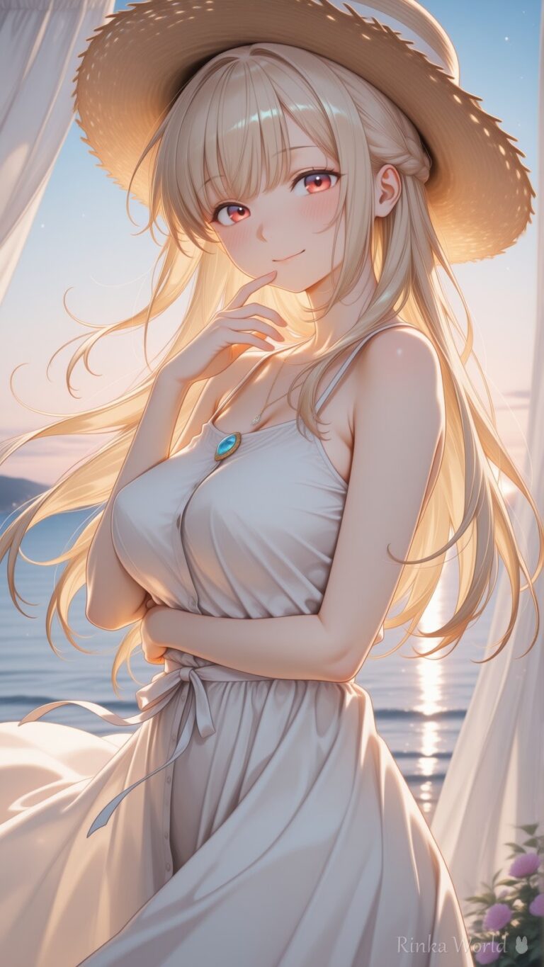cute anime girl in straw hat and white sundress by the ocean, golden hour lighting, dreamy aesthetic illustration