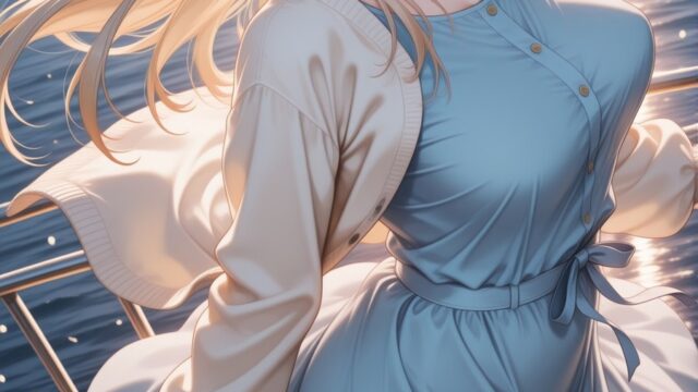潮風になびく桟橋の麦わら帽子とワンピースのAIイラスト｜Windswept Pier Straw Hat Anime Art