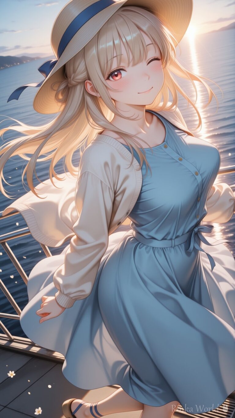 anime girl in straw hat and blue sundress winking on ocean pier, soft sunset lighting, aesthetic anime wallpaper