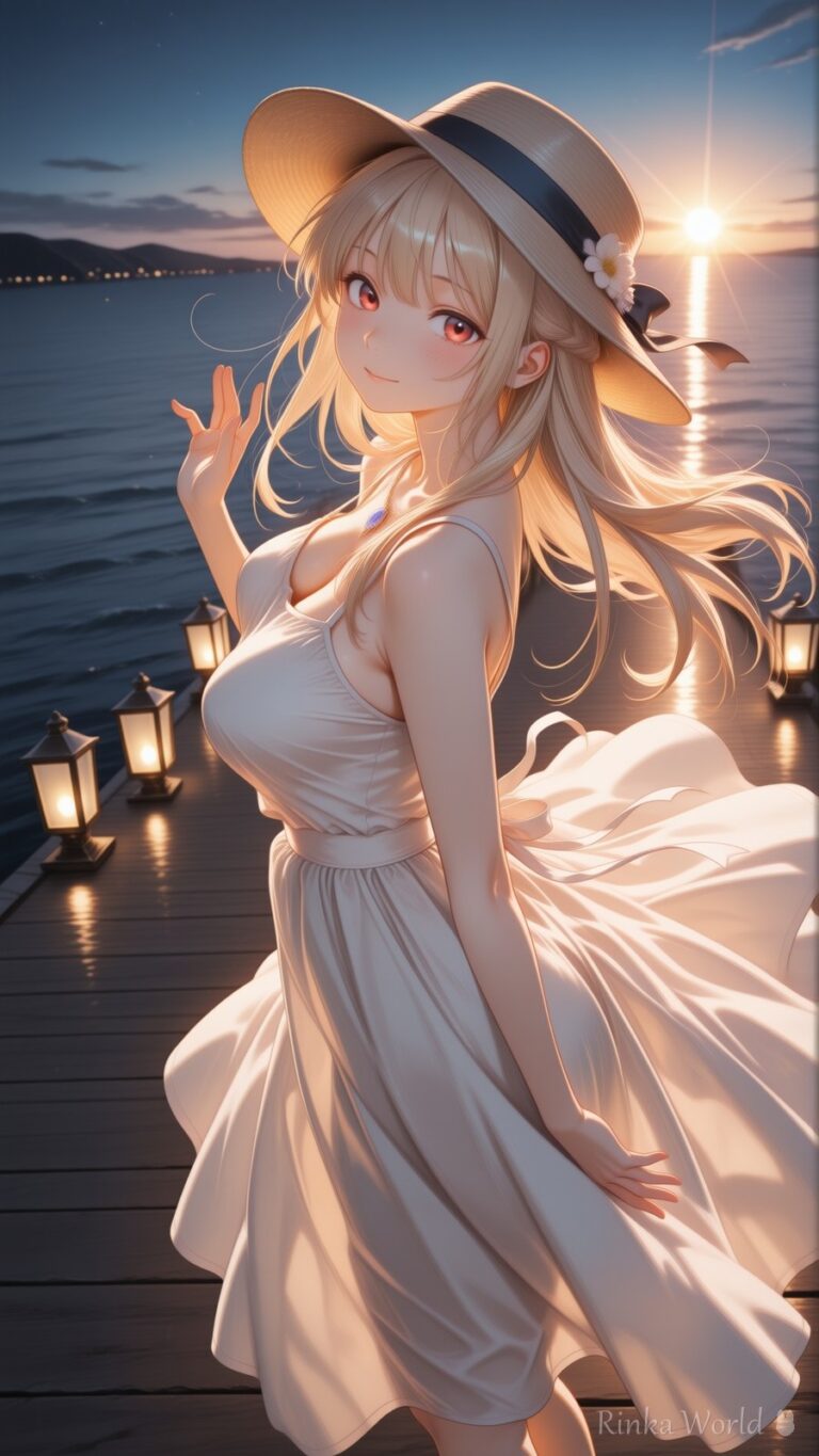 anime girl in straw hat and white sundress twirling on a lantern-lit pier at sunset by the ocean
