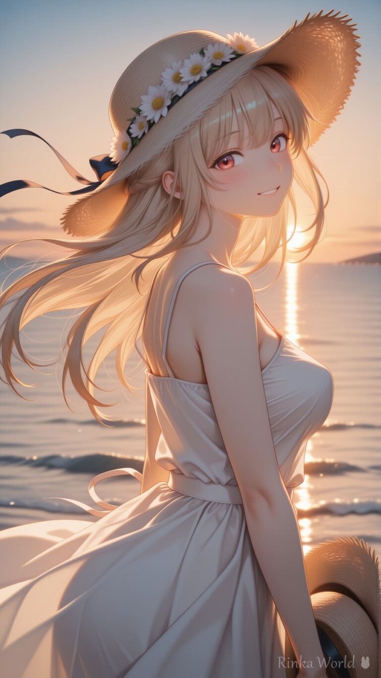 anime girl in straw hat and white sundress at sunset beach, golden hour lighting, aesthetic anime wallpaper