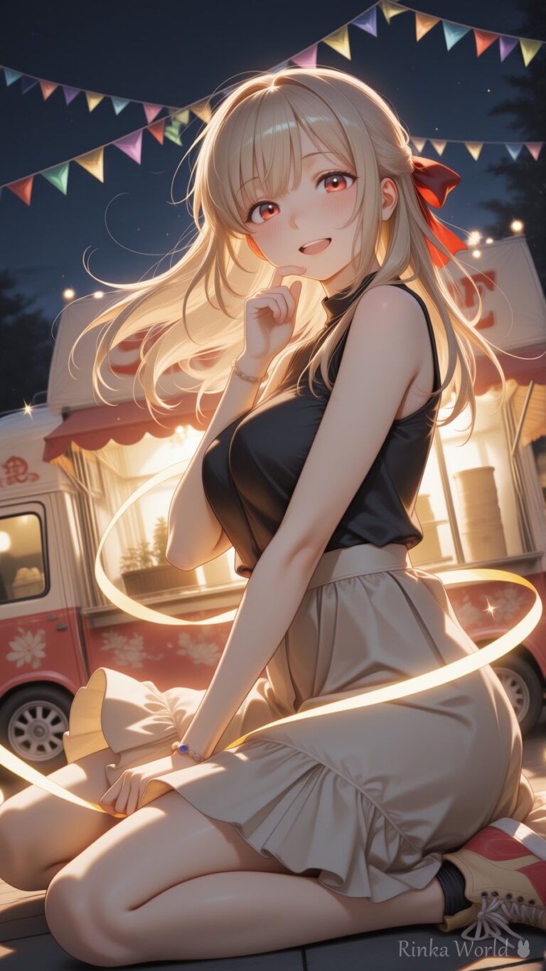 cute anime girl sitting at a glowing night market food truck, string lights, playful summer festival aesthetic