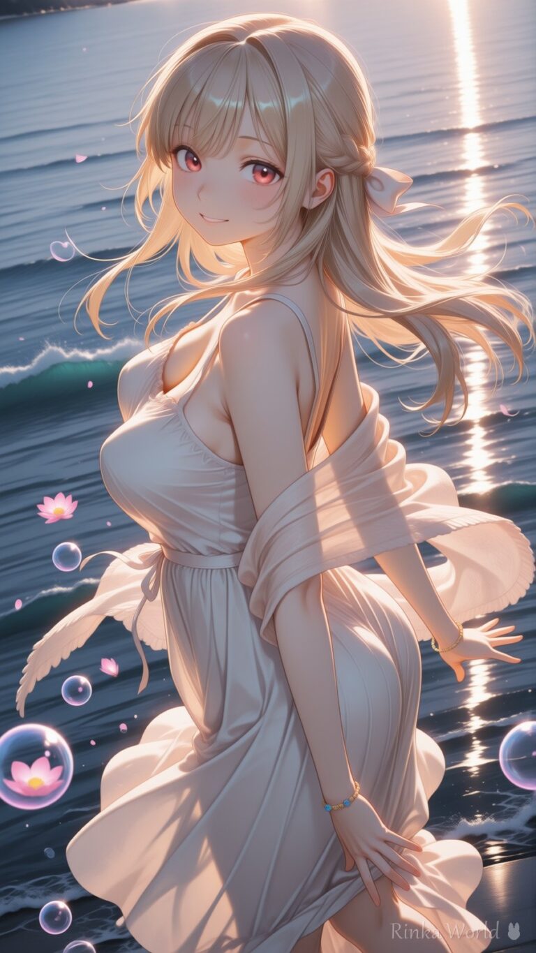 anime girl in a flowing white dress on a sunset beach, golden ocean light, floating flower bubbles, dreamy anime wallpaper