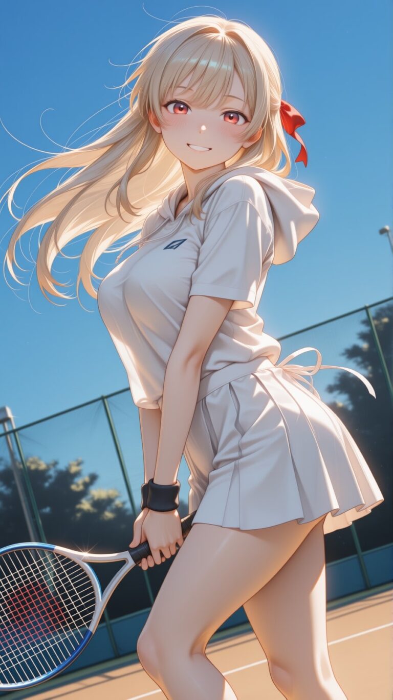 blonde anime girl in tennis outfit holding racket, sunny blue sky, cute sporty anime art