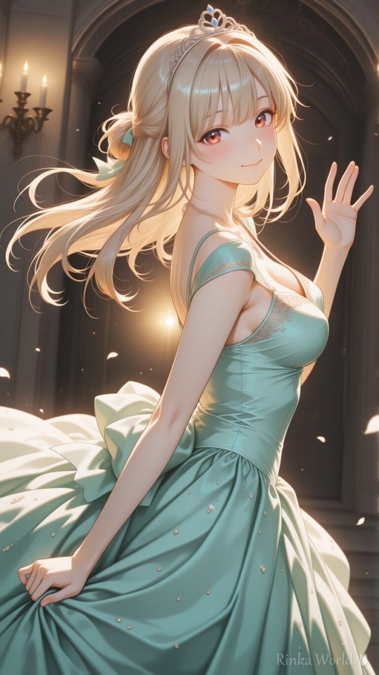 cute anime girl in mint green ballgown and tiara waving in an elegant candlelit hall, dreamy anime art wallpaper
