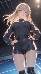 confident anime girl in black track uniform under gymnasium spotlights, dreamy sports aesthetic anime art