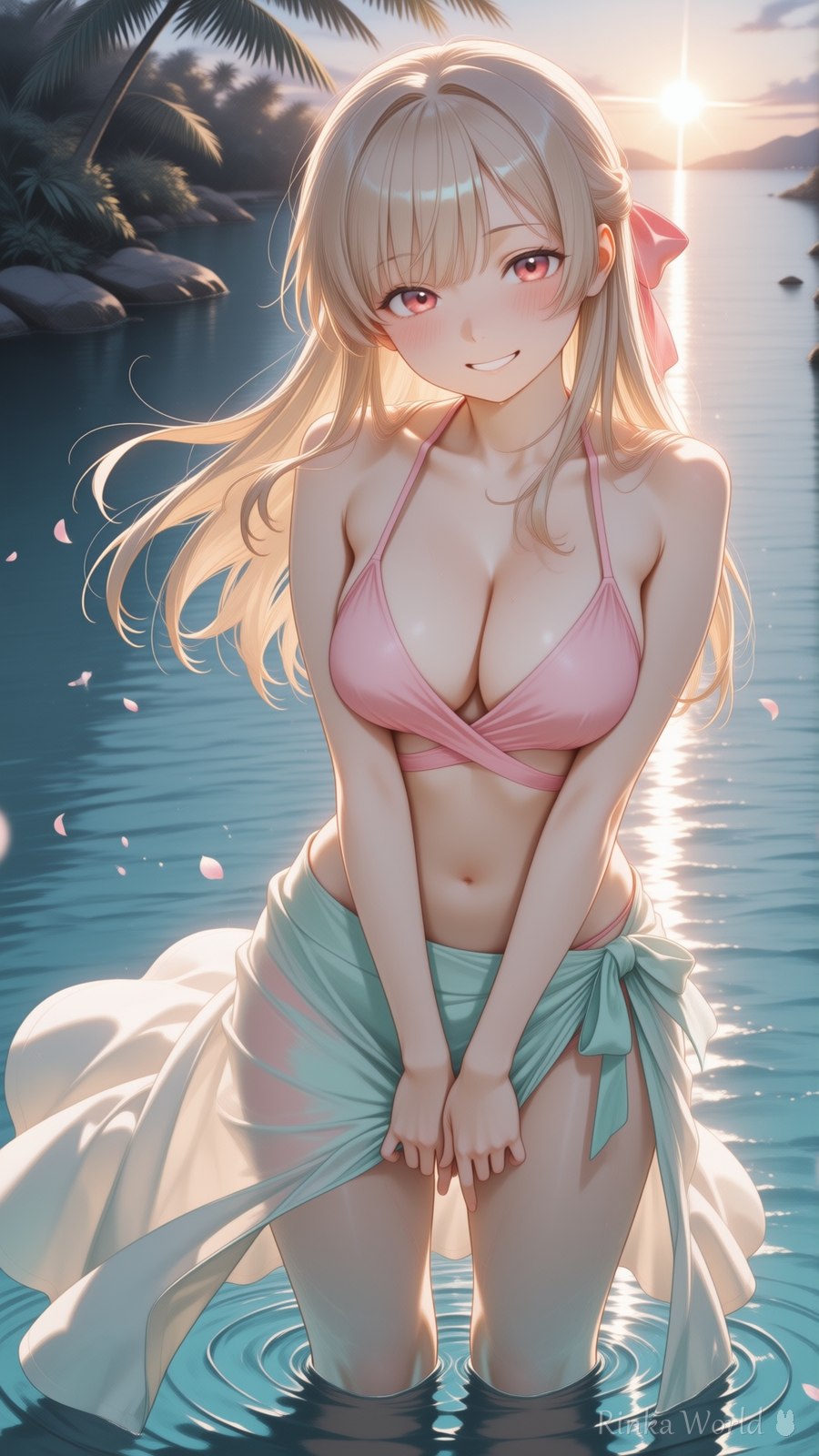 cute anime girl in pink bikini standing in tropical water, sunset lighting, dreamy summer anime art wallpaper