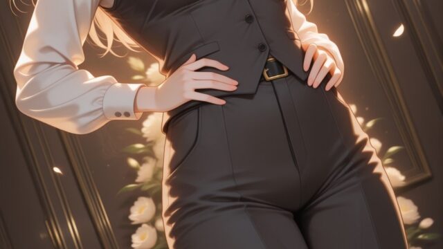 ベストとネクタイでウインクするOLのおしゃれコーデのAIイラスト｜Golden Rose Office Anime Art