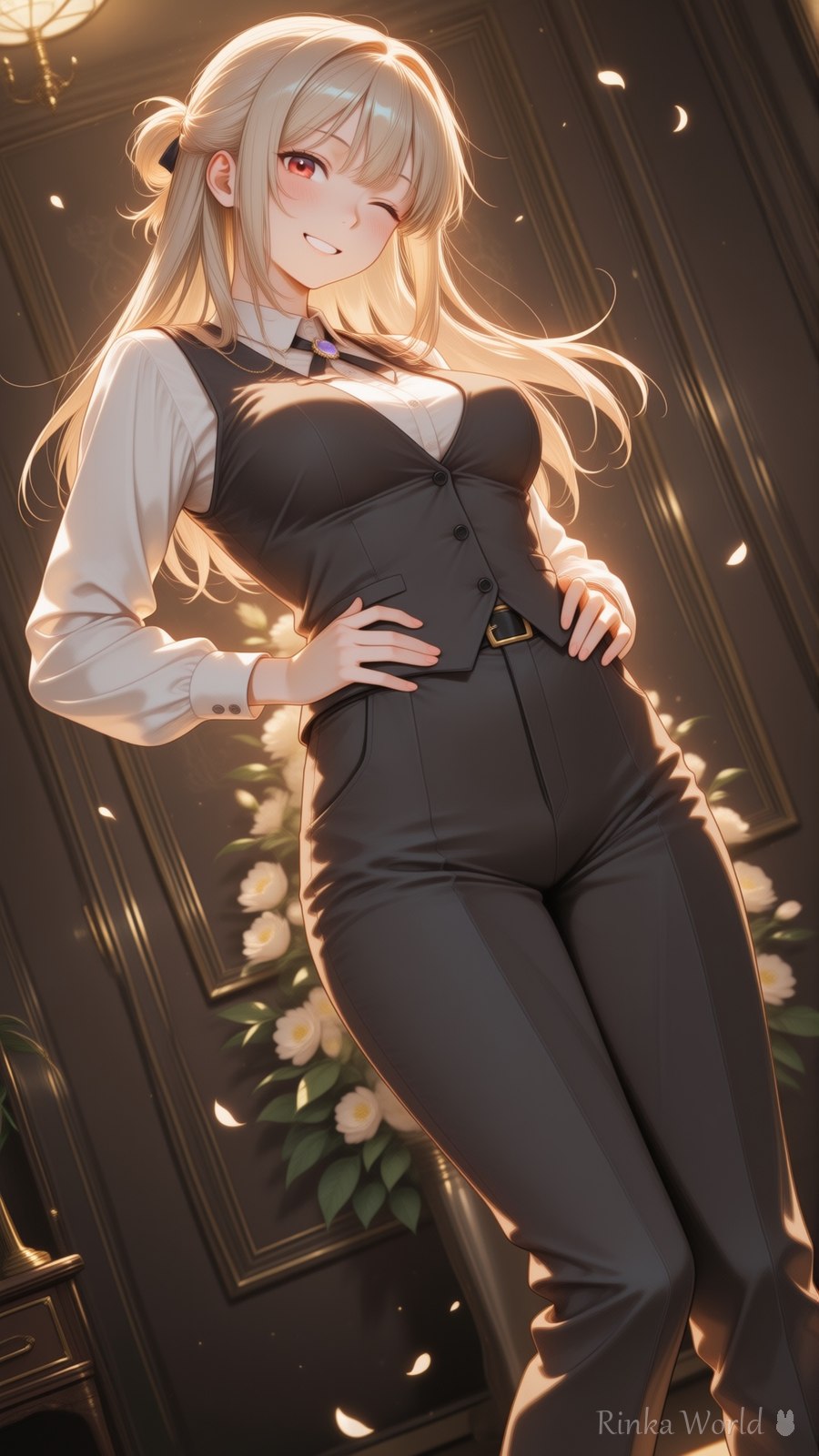 バラに囲まれてウインクするベスト姿の女の子イラスト - anime girl in vest and tie winking near roses, warm golden lighting, elegant office aesthetic illustration