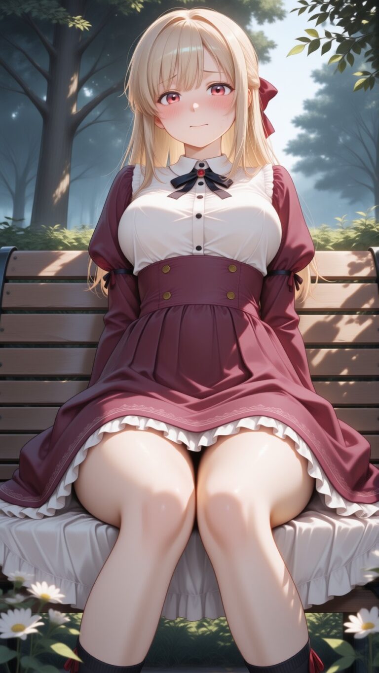 anime girl in a vintage wine-red dress sitting on a garden bench, soft natural lighting, aesthetic anime illustration