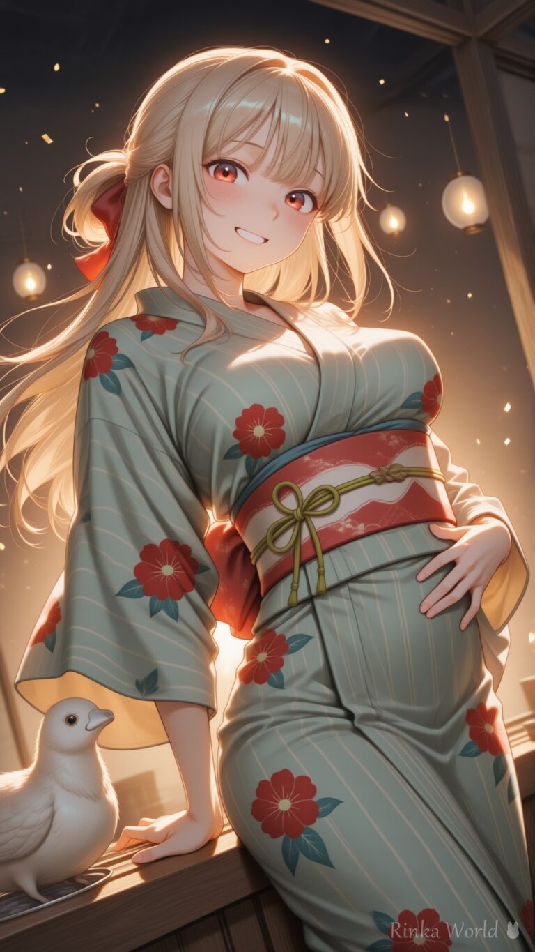 anime girl in floral yukata smiling under warm paper lantern light, summer night festival, dreamy anime art wallpaper