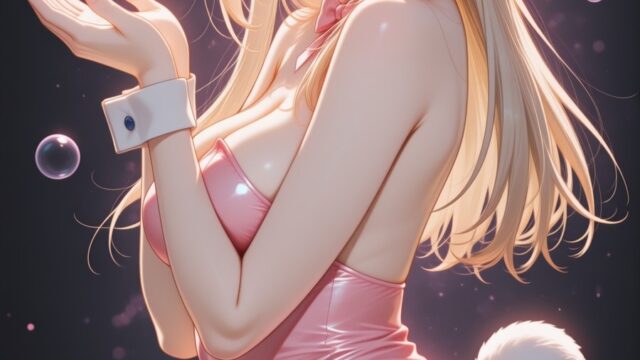 シャボン玉舞う夜に振り返るバニーガールのAIイラスト｜Dreamy Night Bunny Girl Anime Art