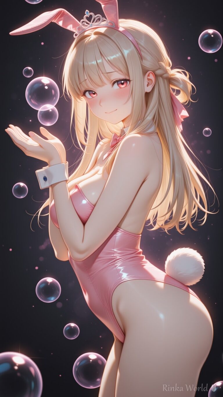 anime girl in pink bunny costume with ears and tiara surrounded by floating bubbles, dreamy night aesthetic illustration