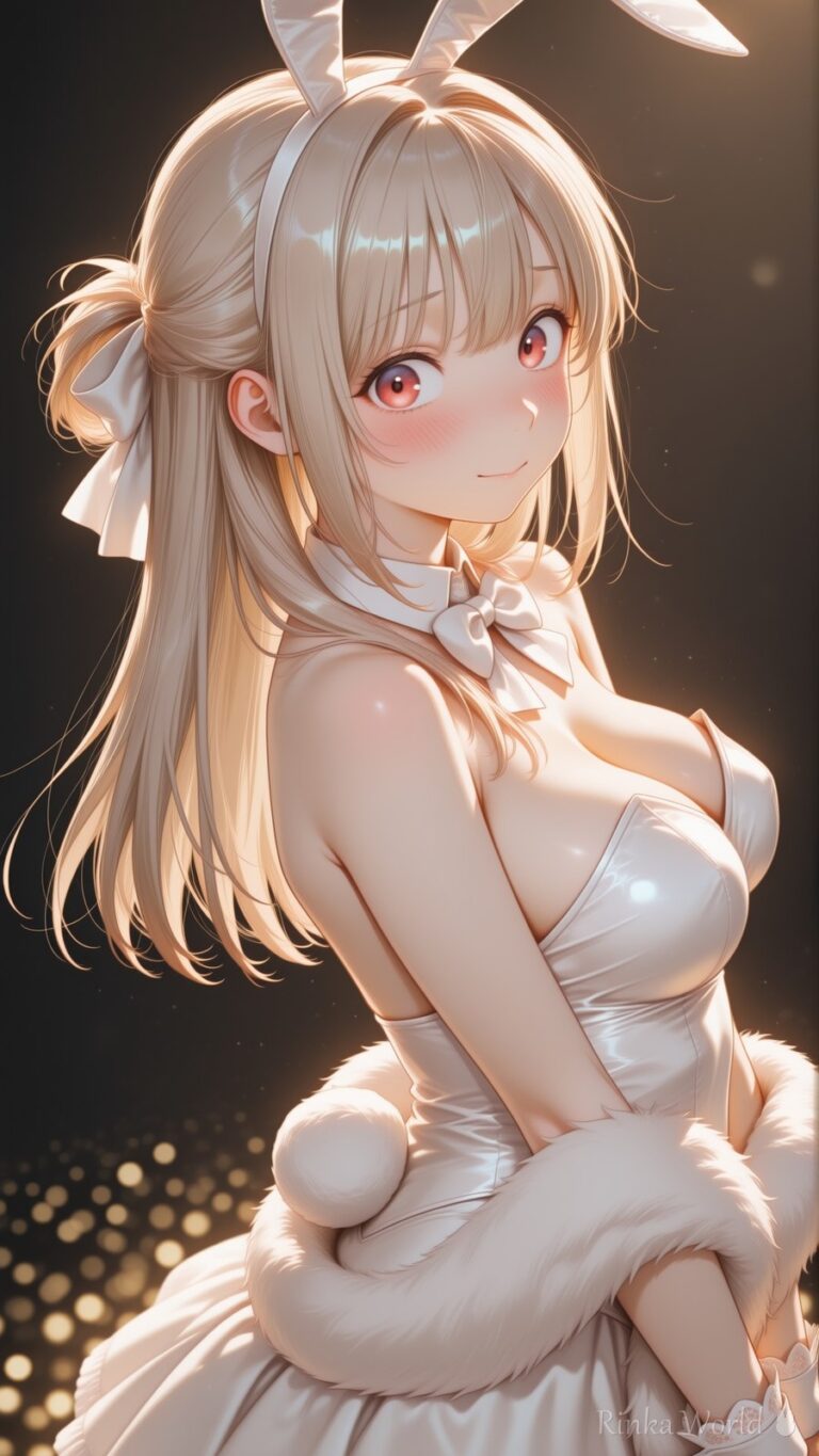 anime girl in white bunny ear dress, blonde hair, sparkling night background, soft lighting, dreamy anime art