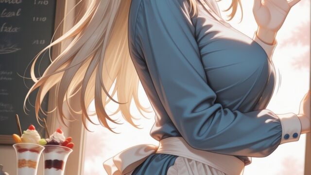 ベレー帽とエプロンで手を振るカフェ店員のAIイラスト｜Waving Cafe Waitress Anime Art