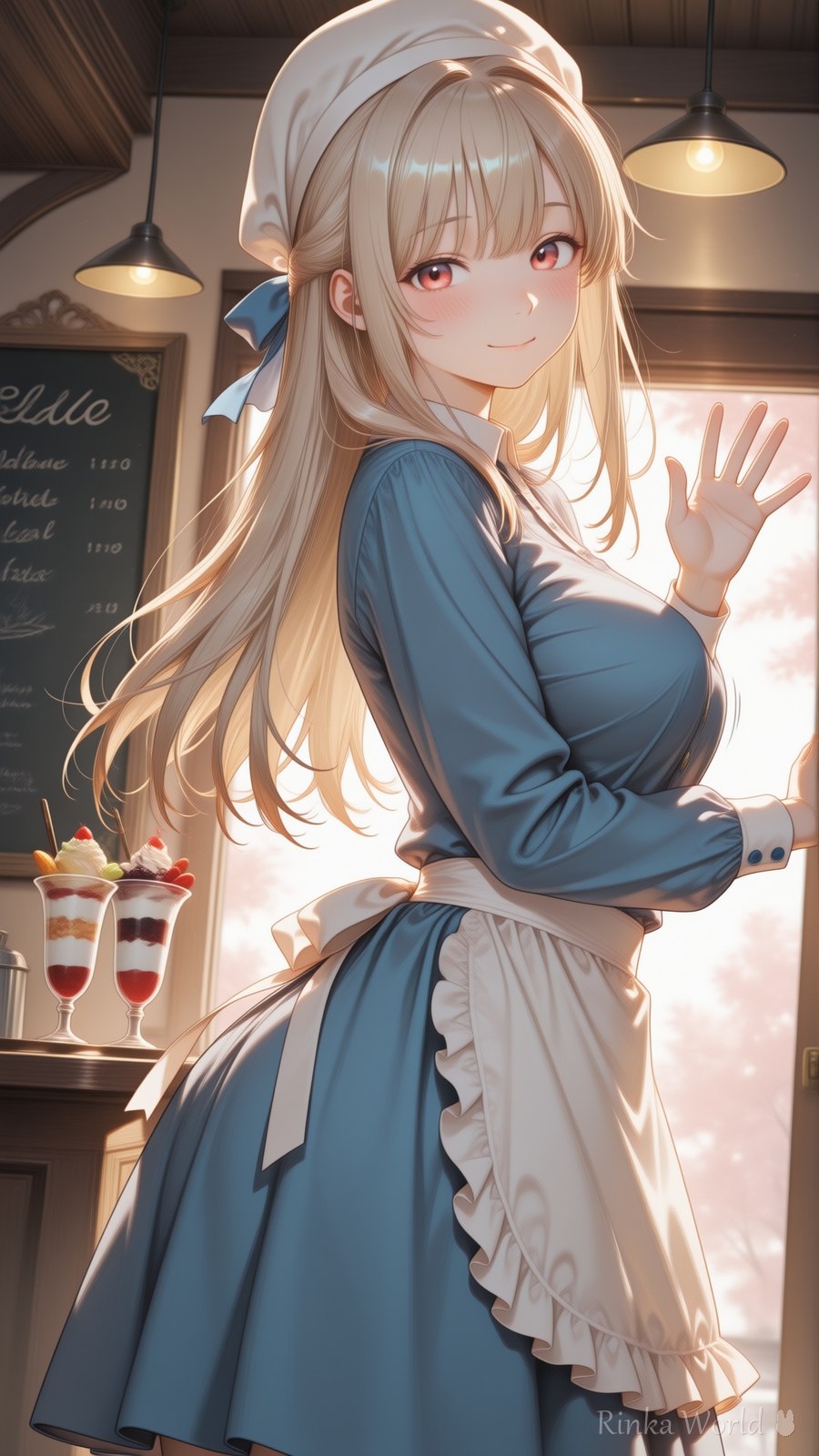 ベレー帽とエプロンで手を振るカフェ店員のAIイラスト|Waving Cafe Waitress Anime Art