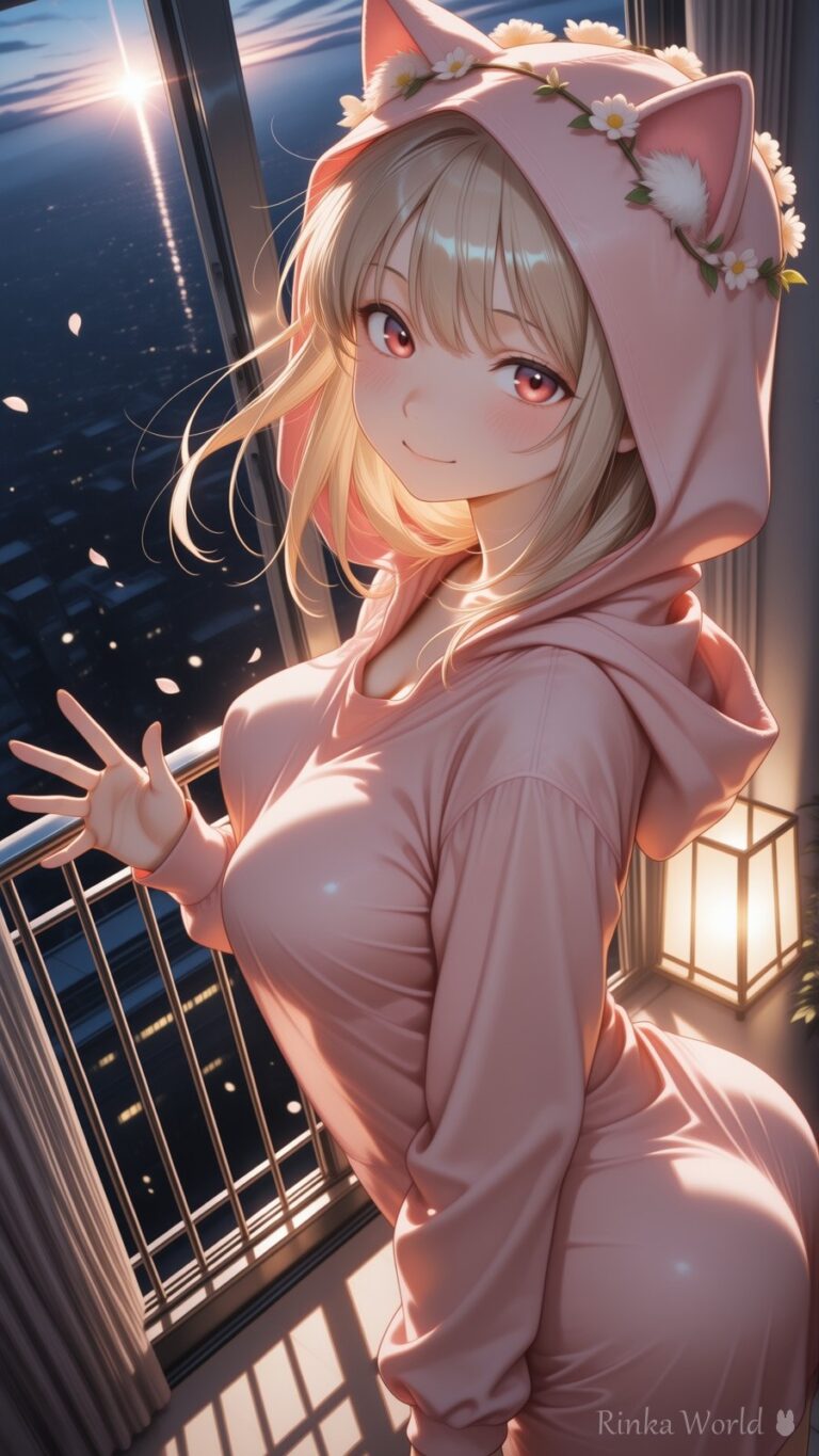 cute anime girl in pink cat-ear hoodie pajamas waving on a night balcony, city lights, warm lantern lighting, dreamy anime aesthetic wallpaper
