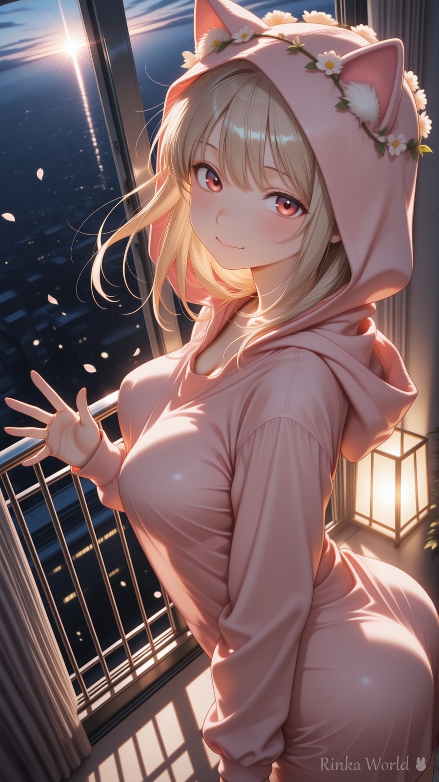 夜景のバルコニーで手を振るねこ耳ふわふわパジャマのAIイラスト|Moonlit Balcony Cat Hoodie Anime Art