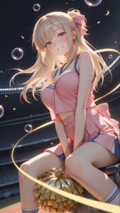 ポンポンを手に夜のスタジアムで輝くチア衣装のAIイラスト｜Night Stadium Cheer Pom-Pom Anime Art