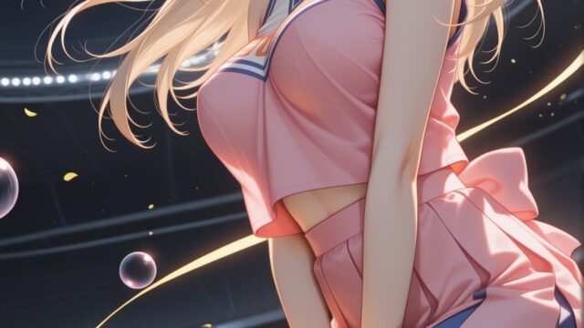 ポンポンを手に夜のスタジアムで輝くチア衣装のAIイラスト｜Night Stadium Cheer Pom-Pom Anime Art