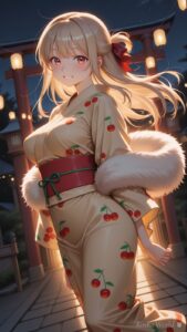 anime girl in cherry print yukata standing before a lantern lit torii gate at night, dreamy aesthetic anime art