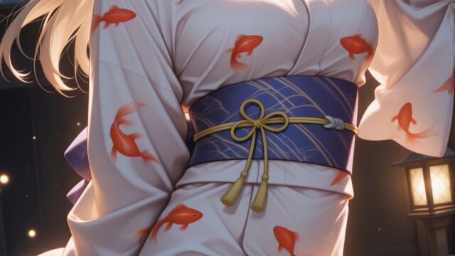 灯りゆらめく夜の石段と金魚柄浴衣のAIイラスト｜Goldfish Yukata Night Steps Anime Art