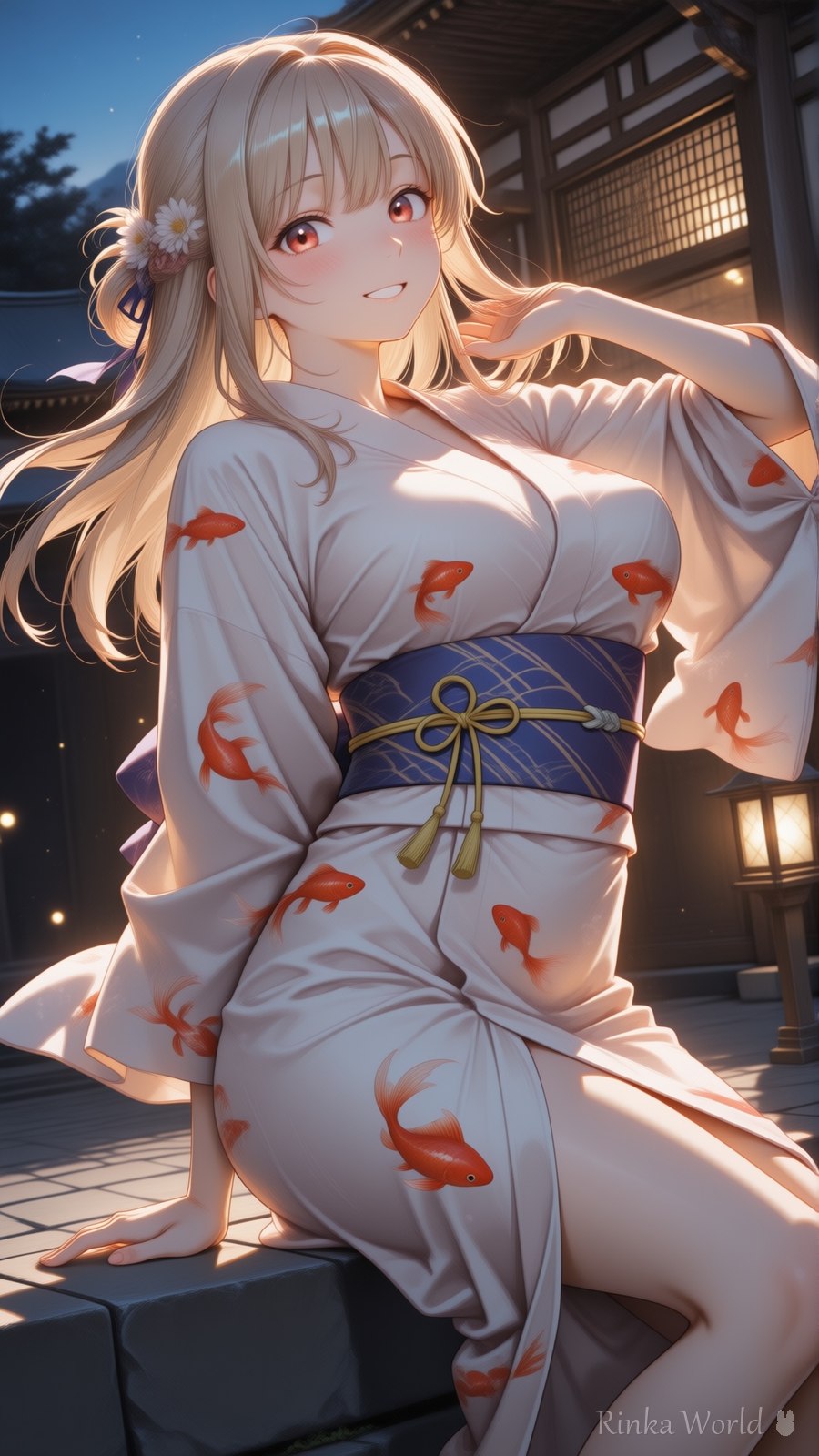 金魚柄浴衣で石段に座る金髪美少女のAIイラスト - anime girl in goldfish pattern yukata sitting on stone steps, warm lantern light, dreamy night aesthetic illustration