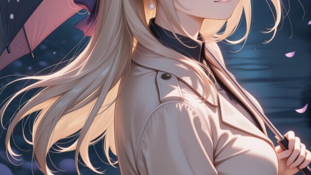 雨上がりの夜の紫陽花と水玉傘・トレンチコートのAIイラスト｜Hydrangea Umbrella Anime Art