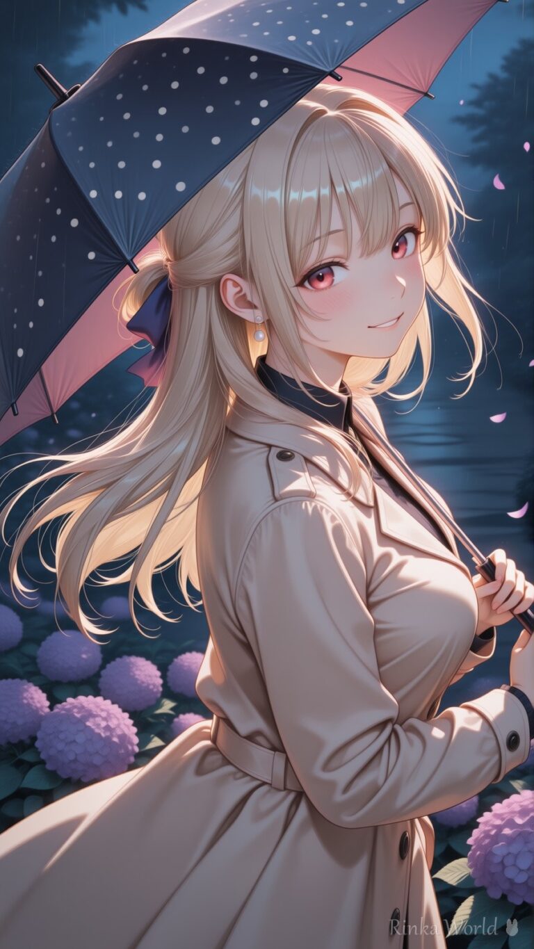 anime girl holding polka dot umbrella in hydrangea garden at night, soft rain lighting, dreamy anime art wallpaper