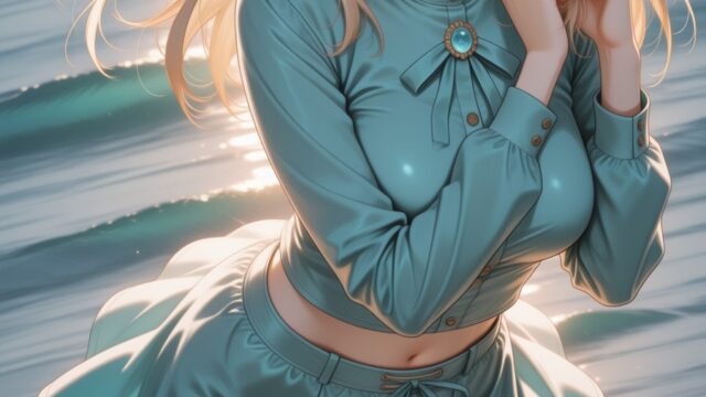 波音の渚でミントブラウスの海辺コーデのAIイラスト｜Golden Shore Mint Blouse Anime Art