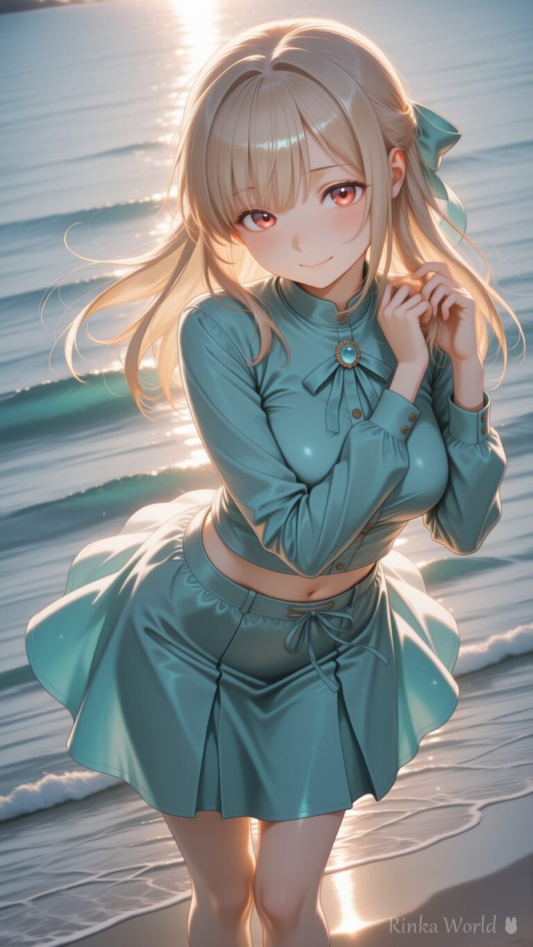 anime girl in mint ribbon blouse standing on a sunlit beach, golden hour lighting, dreamy anime wallpaper aesthetic