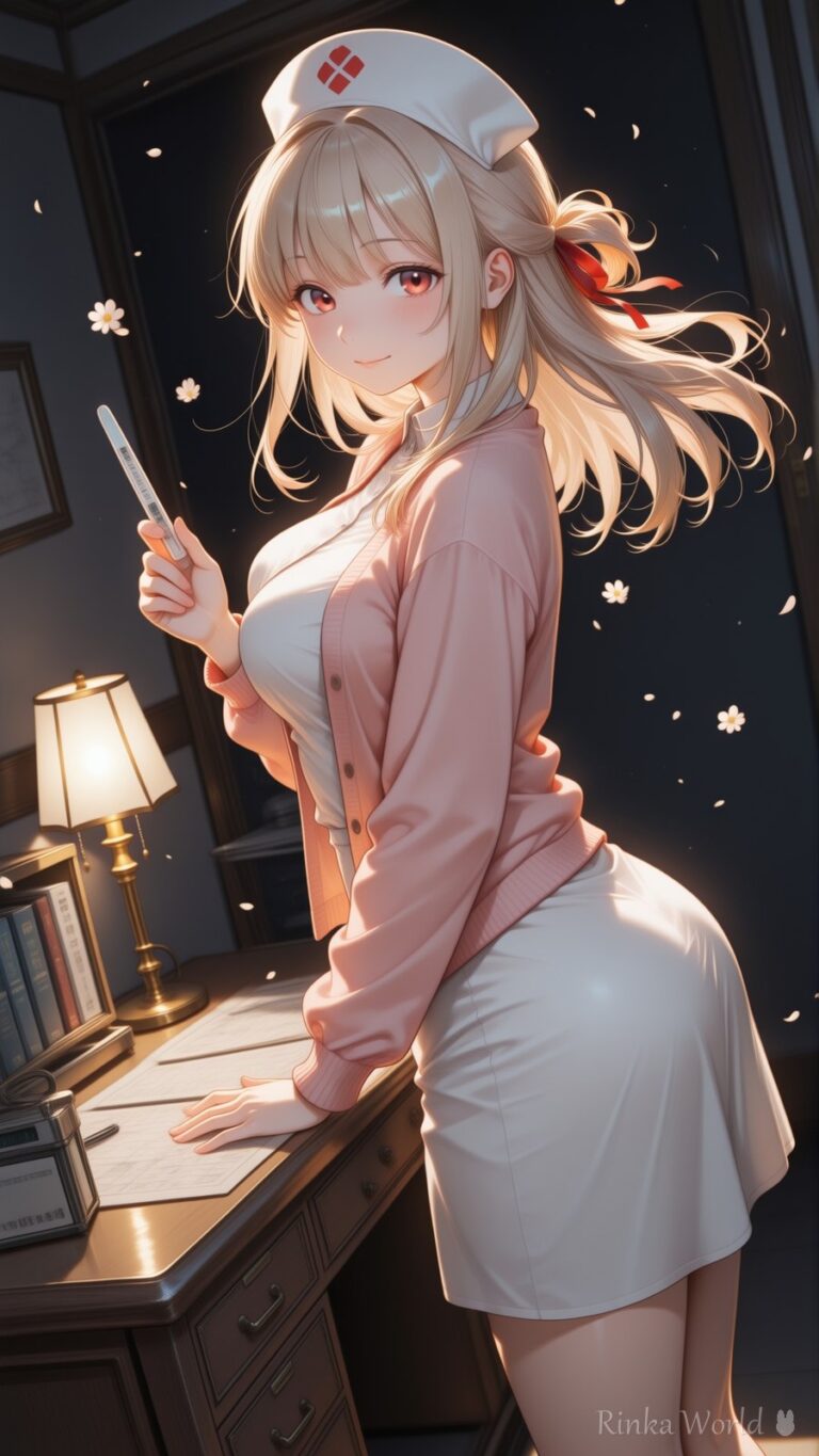 anime girl in pink nurse outfit glancing back at a lamp-lit desk, dreamy aesthetic illustration
