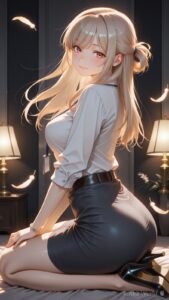 羽根舞うランプの夜に　白シャツ×タイトスカートのAIイラスト｜Office Lady Anime Art at Dreamy Night